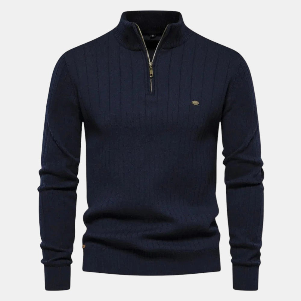 Men’s Ribbed Knit Sweater with Half Zip High Neck Pullover-Villaayr