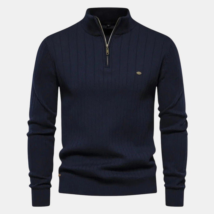 Men’s Ribbed Knit Sweater with Half Zip High Neck Pullover-Villaayr