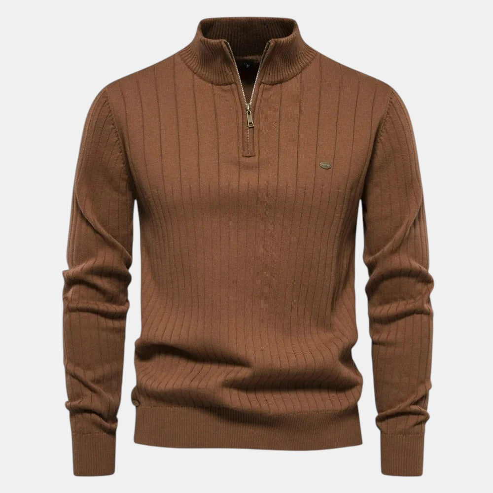 Men’s Ribbed Knit Sweater with Half Zip High Neck Pullover-Villaayr