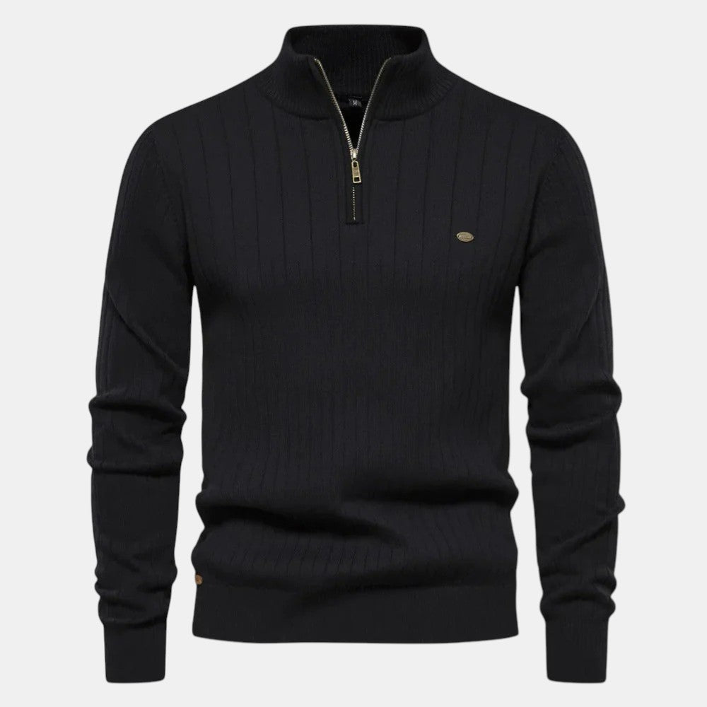 Men’s Ribbed Knit Sweater with Half Zip High Neck Pullover-Villaayr