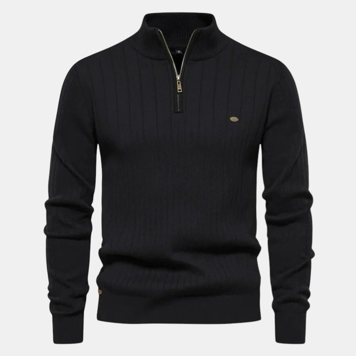 Men’s Ribbed Knit Sweater with Half Zip High Neck Pullover-Villaayr