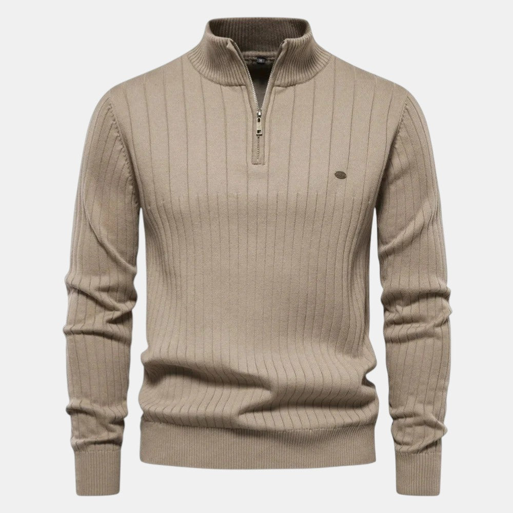 Men’s Ribbed Knit Sweater with Half Zip High Neck Pullover-Villaayr
