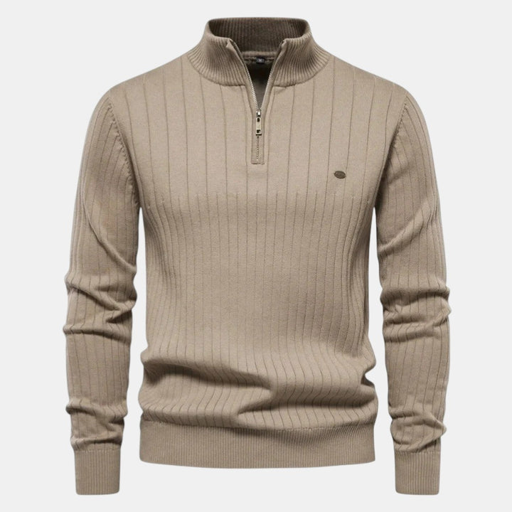 Men’s Ribbed Knit Sweater with Half Zip High Neck Pullover-Villaayr