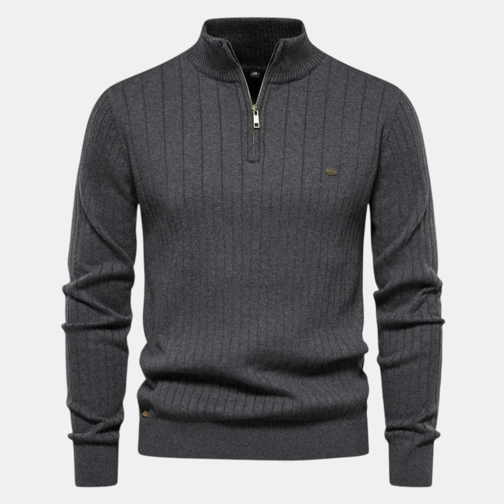 Men’s Ribbed Knit Sweater with Half Zip High Neck Pullover-Villaayr
