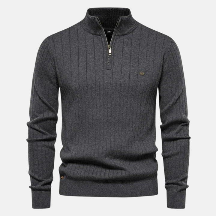 Men’s Ribbed Knit Sweater with Half Zip High Neck Pullover-Villaayr