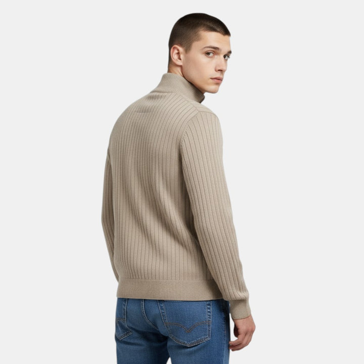 Men’s Ribbed Knit Sweater with Half Zip High Neck Pullover-Villaayr