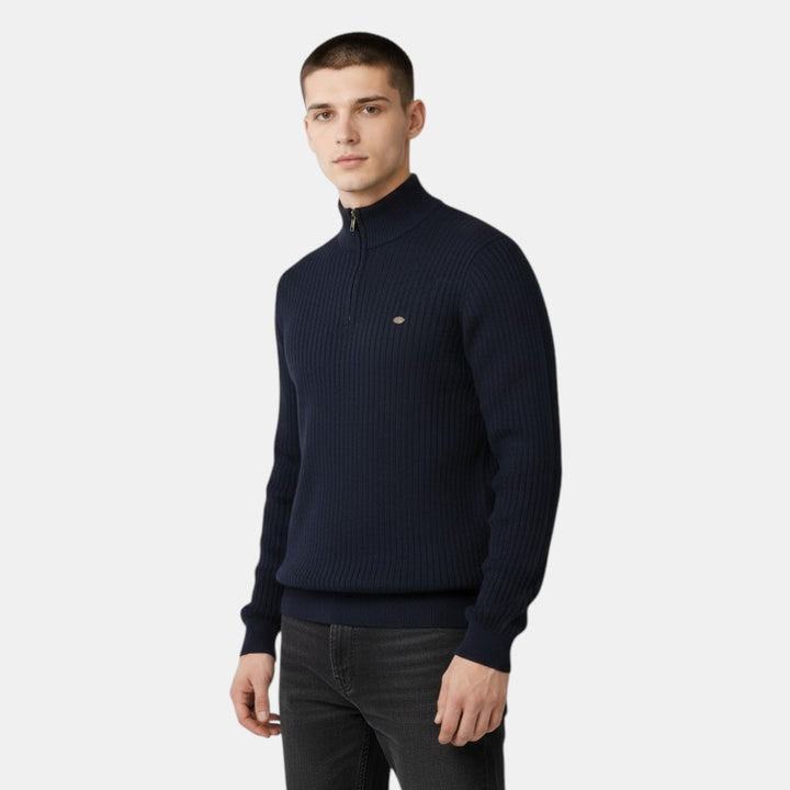Men’s Ribbed Knit Sweater with Half Zip High Neck Pullover-Villaayr