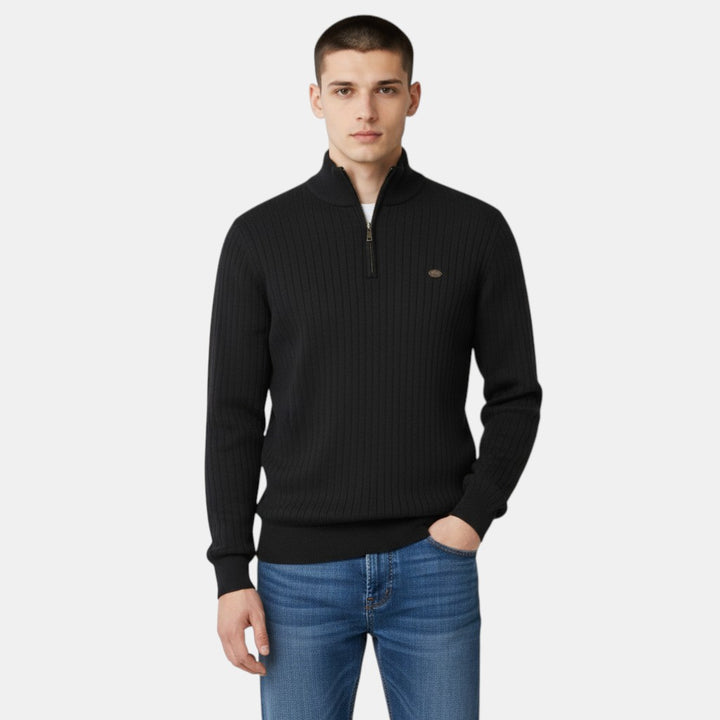 Men’s Ribbed Knit Sweater with Half Zip High Neck Pullover-Villaayr