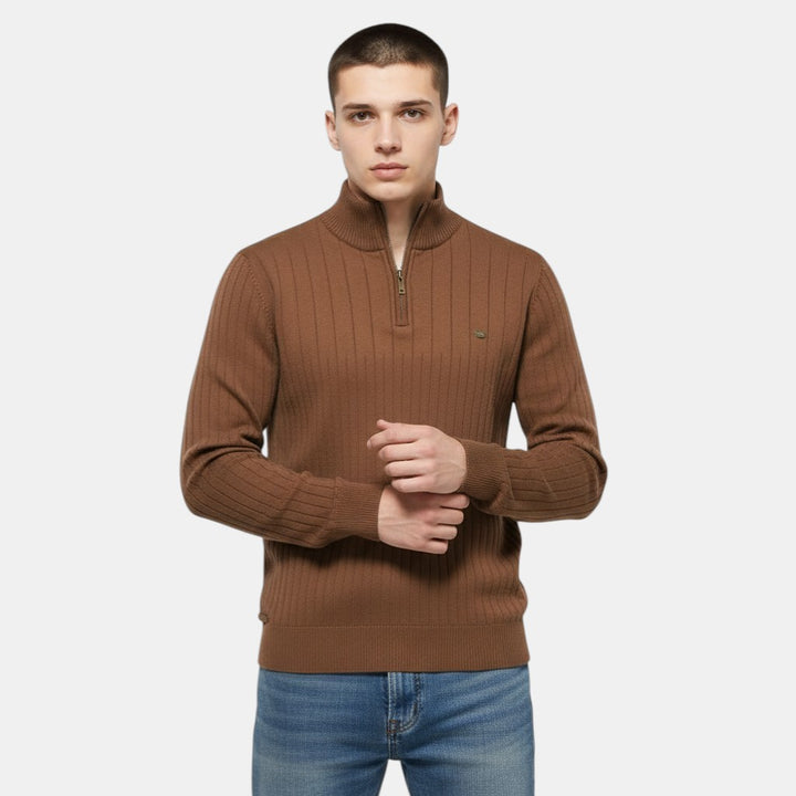 Men’s Ribbed Knit Sweater with Half Zip High Neck Pullover-Villaayr