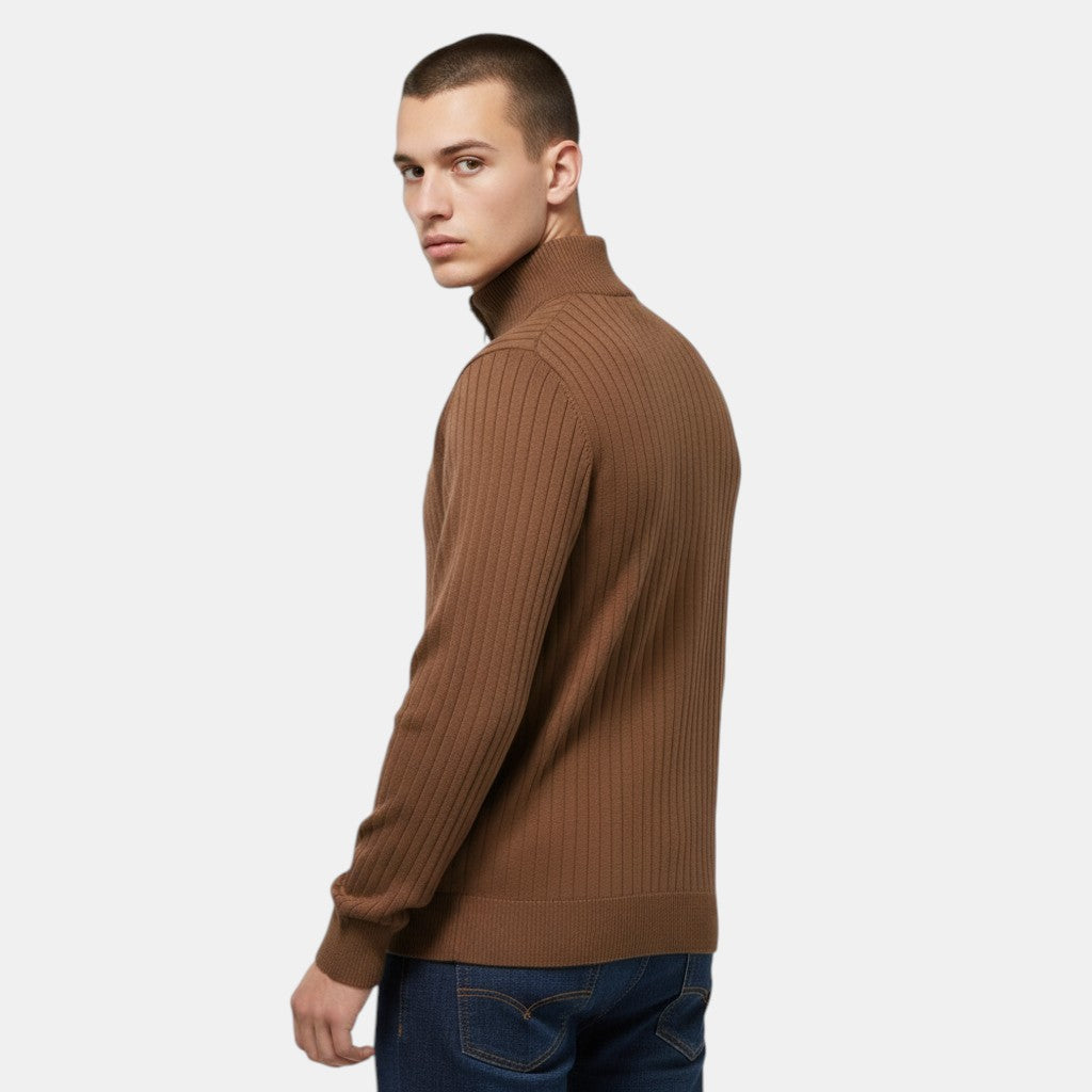 Men’s Ribbed Knit Sweater with Half Zip High Neck Pullover-Villaayr