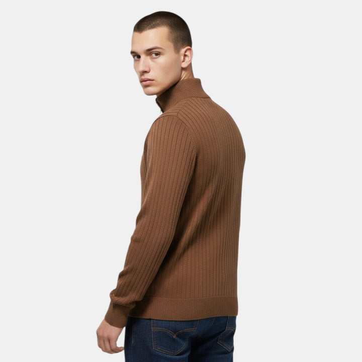 Men’s Ribbed Knit Sweater with Half Zip High Neck Pullover-Villaayr