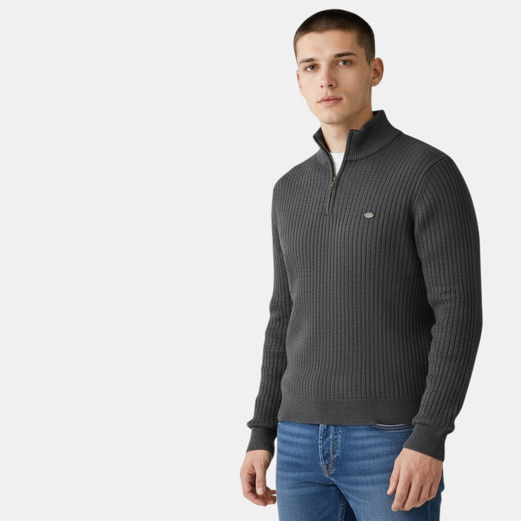 Men’s Ribbed Knit Sweater with Half Zip High Neck Pullover-Villaayr