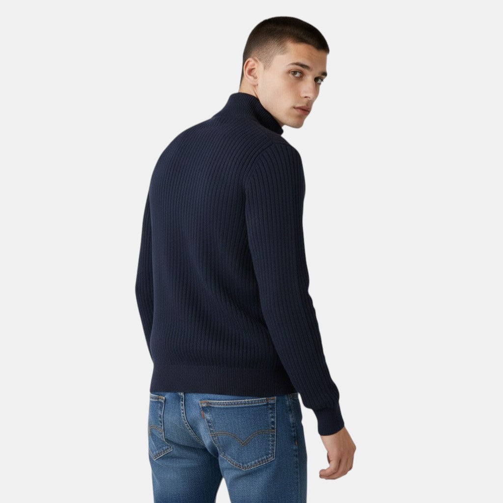 Men’s Ribbed Knit Sweater with Half Zip High Neck Pullover-Villaayr