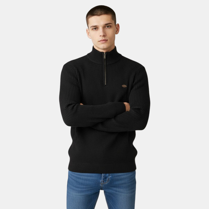 Men’s Ribbed Knit Sweater with Half Zip High Neck Pullover-Villaayr