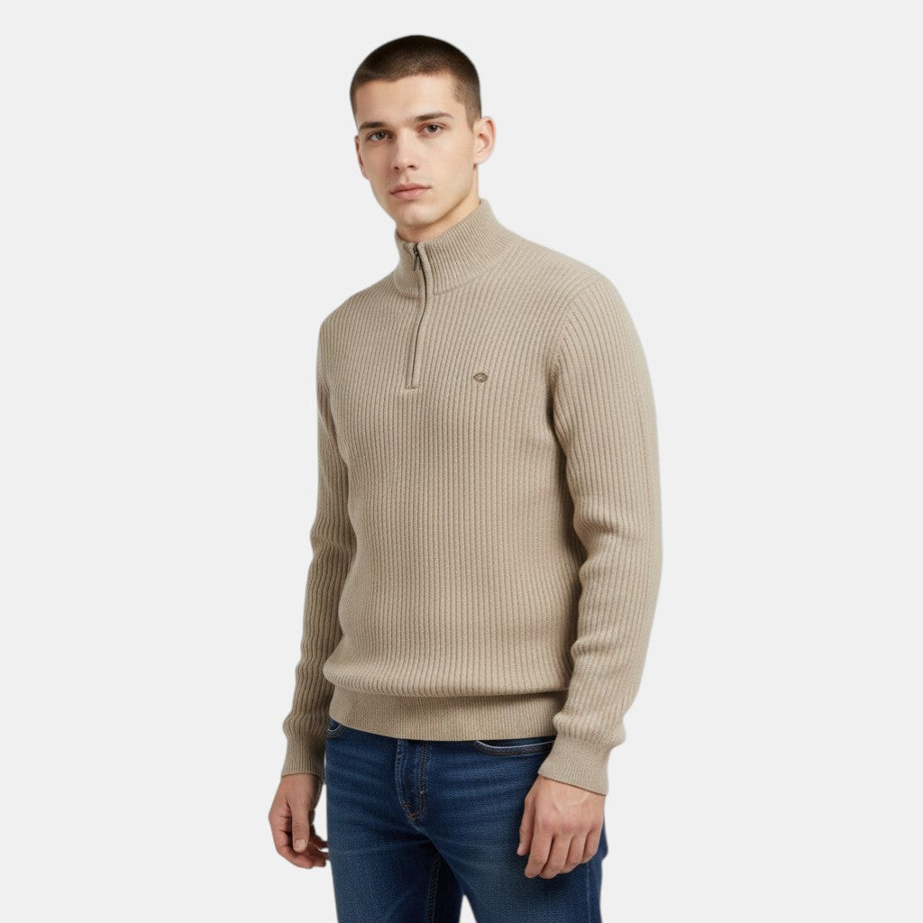 Men’s Ribbed Knit Sweater with Half Zip High Neck Pullover-Villaayr