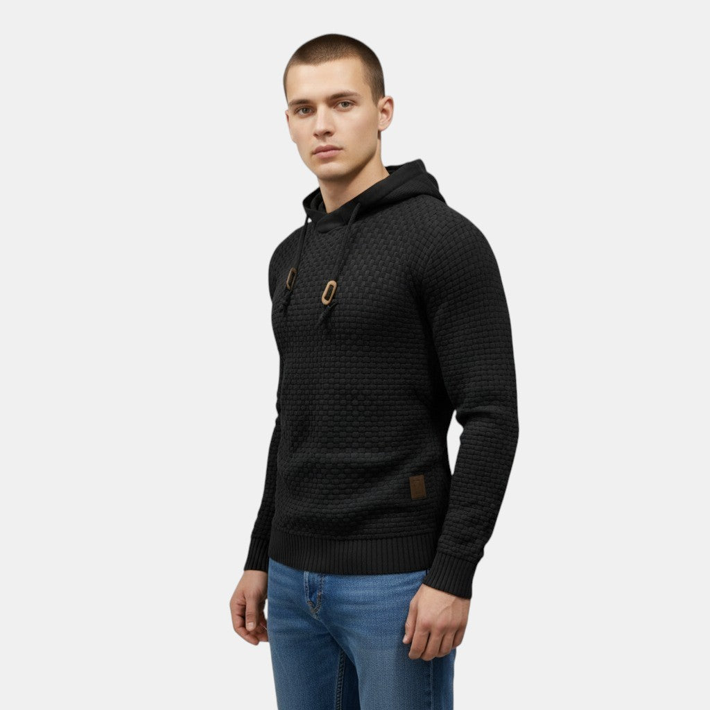 Men’s Textured Knit Hoodie with Drawstring Hood-Villaayr