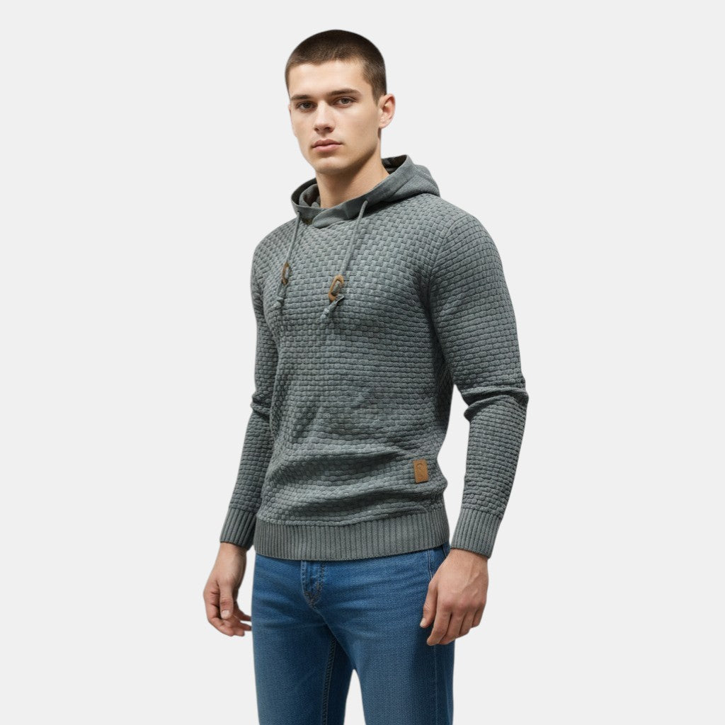 Men’s Textured Knit Hoodie with Drawstring Hood-Villaayr
