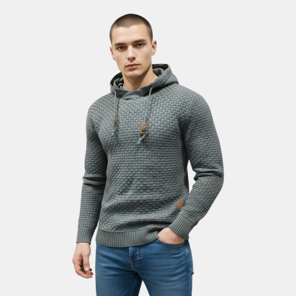 Men’s Textured Knit Hoodie with Drawstring Hood-Villaayr
