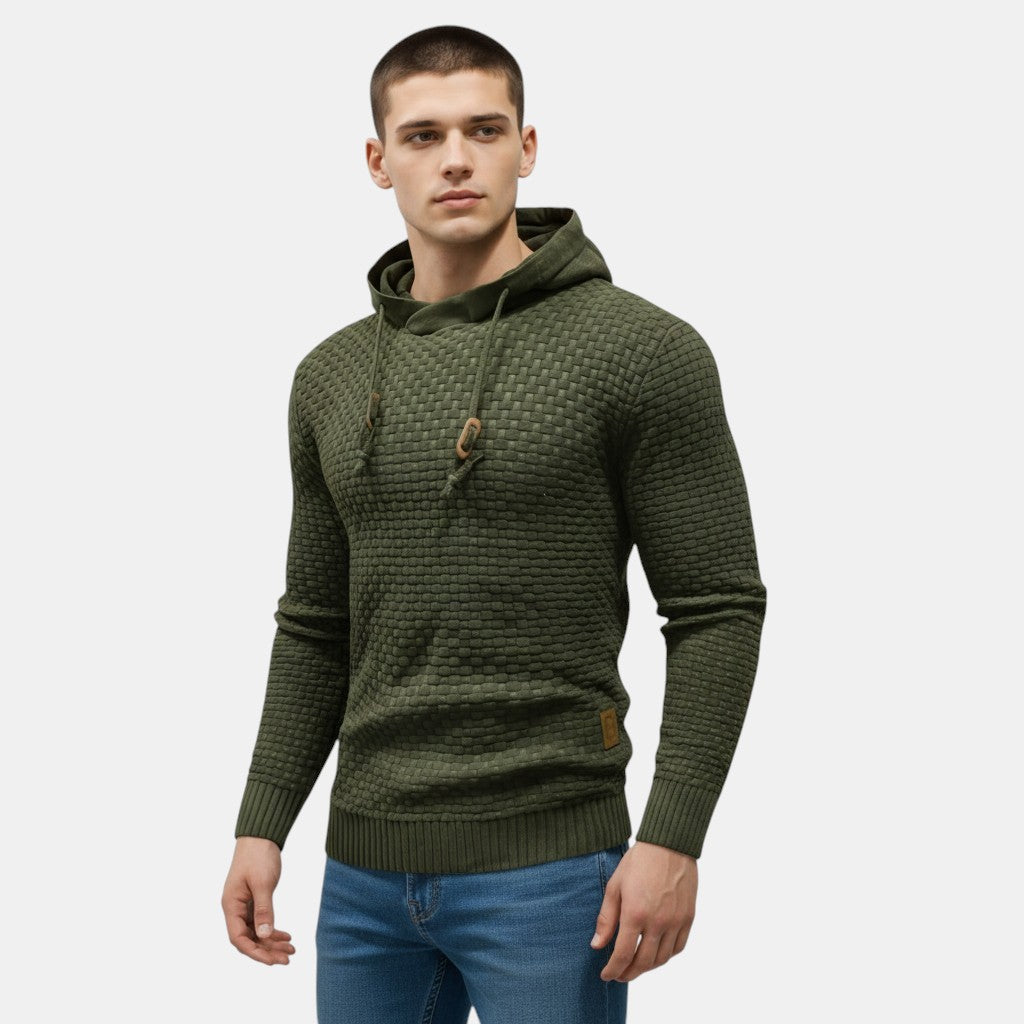Men’s Textured Knit Hoodie with Drawstring Hood-Villaayr