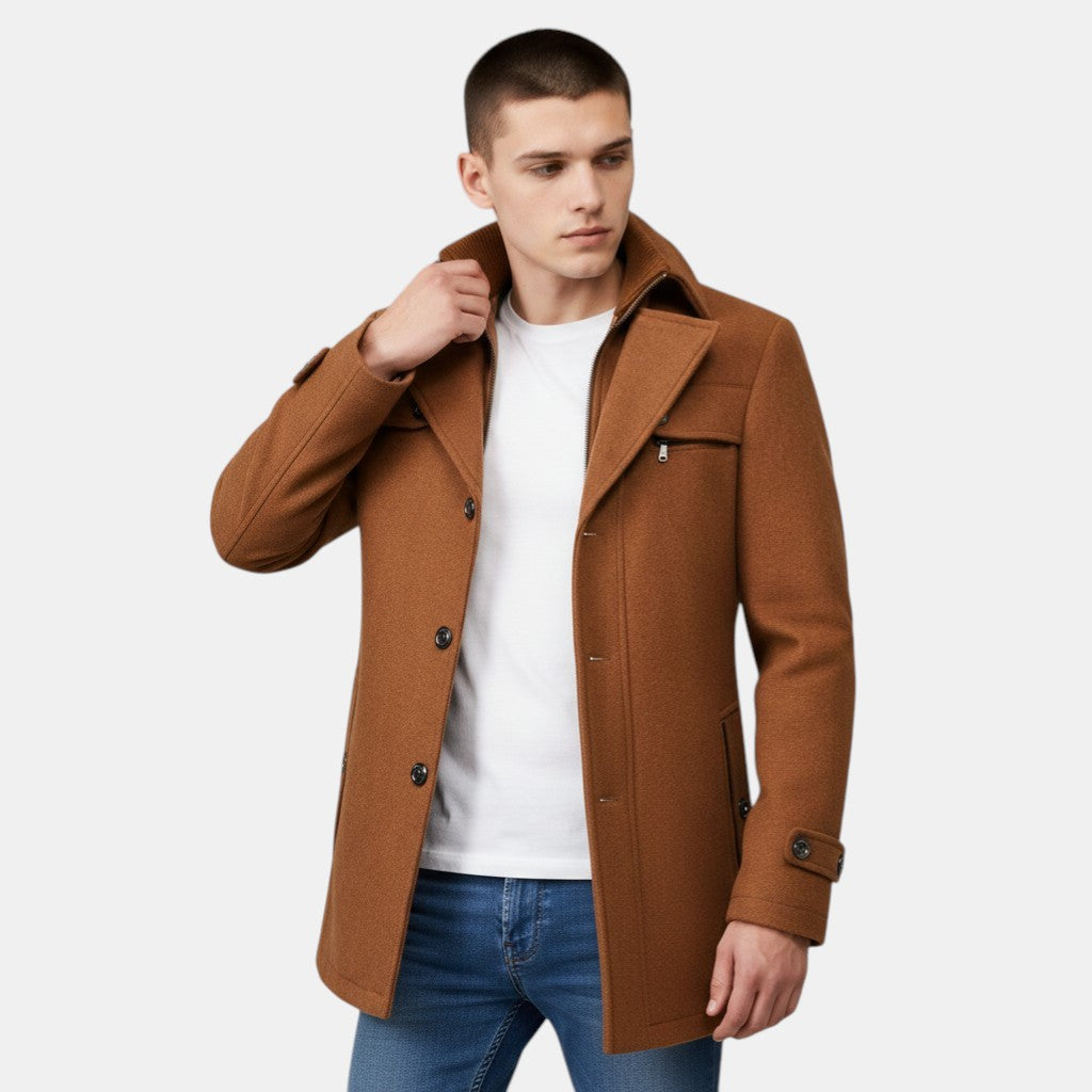 Men’s Wool Blend Overcoat with Button Closure and Stand Collar-Villaayr