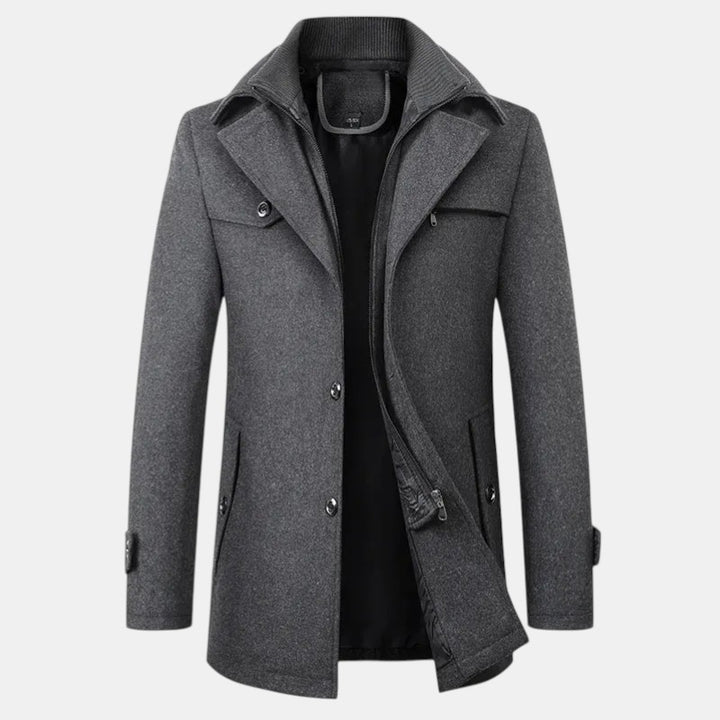 Men’s Wool Blend Overcoat with Button Closure and Stand Collar-Villaayr