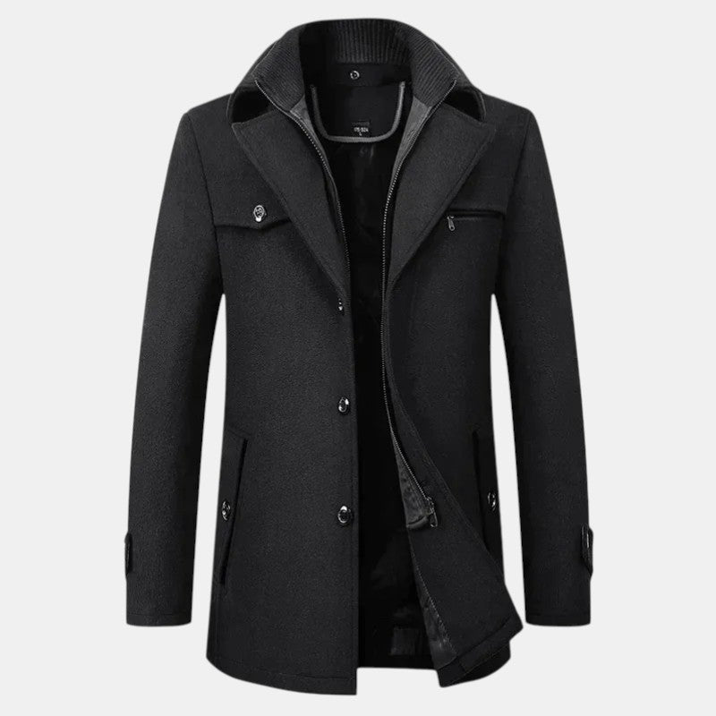 Men’s Wool Blend Overcoat with Button Closure and Stand Collar-Villaayr