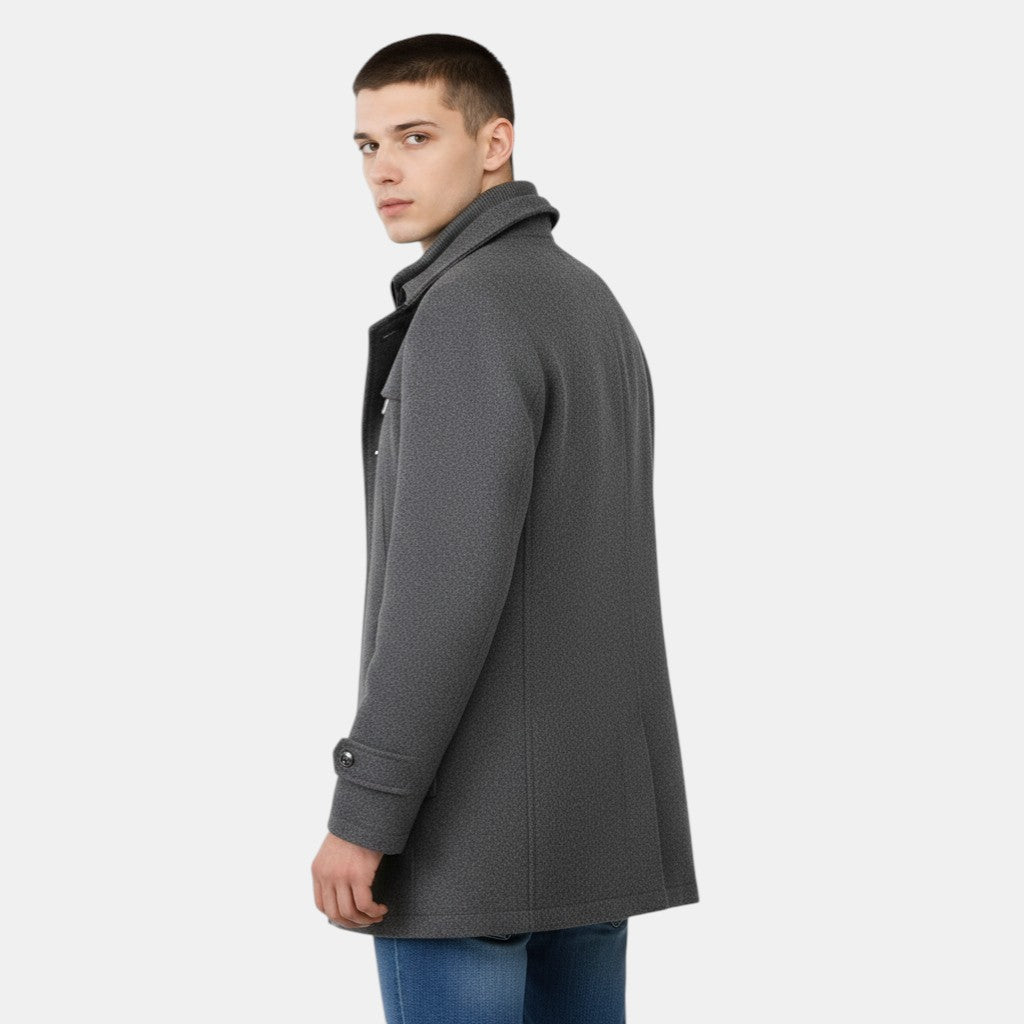Men’s Wool Blend Overcoat with Button Closure and Stand Collar-Villaayr
