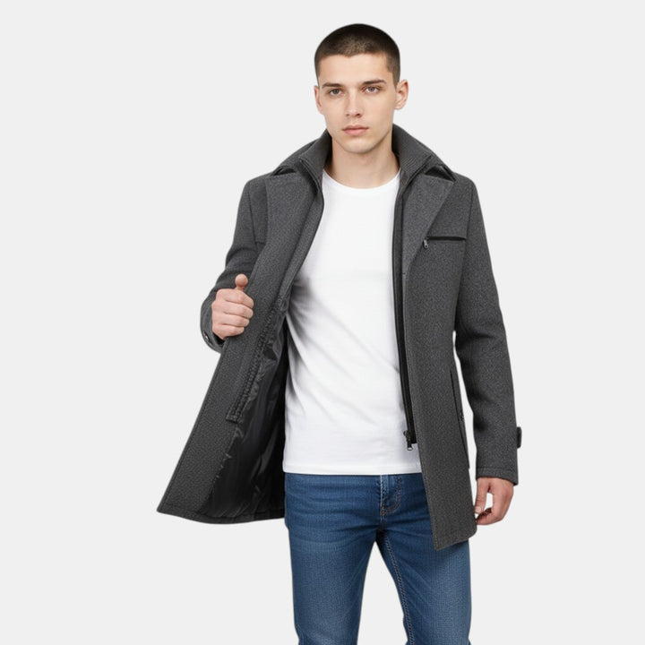 Men’s Wool Blend Overcoat with Button Closure and Stand Collar-Villaayr