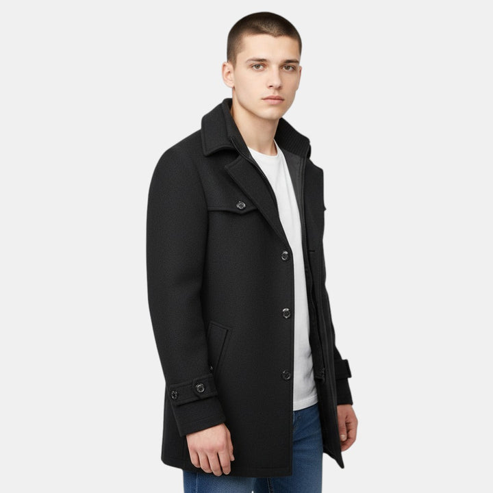 Men’s Wool Blend Overcoat with Button Closure and Stand Collar-Villaayr