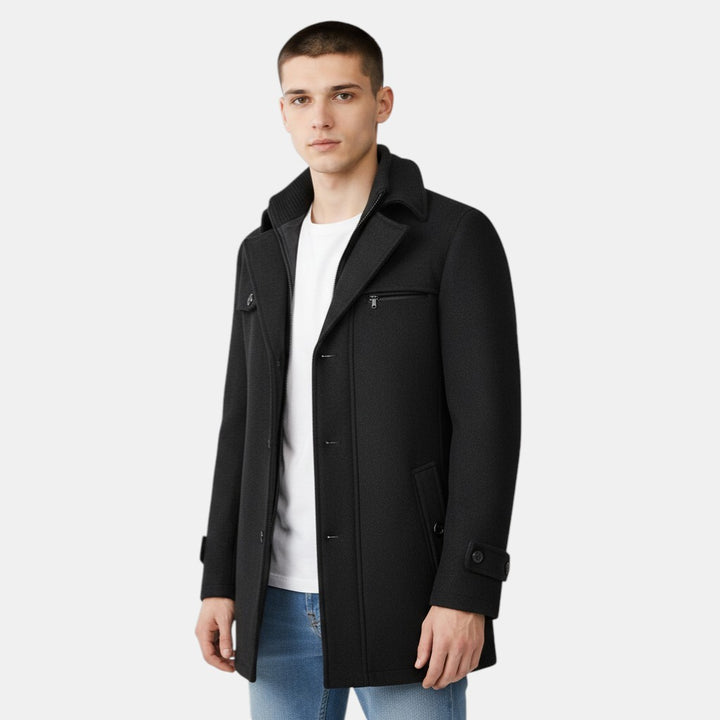 Men’s Wool Blend Overcoat with Button Closure and Stand Collar-Villaayr