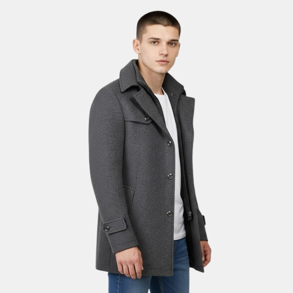 Men’s Wool Blend Overcoat with Button Closure and Stand Collar-Villaayr