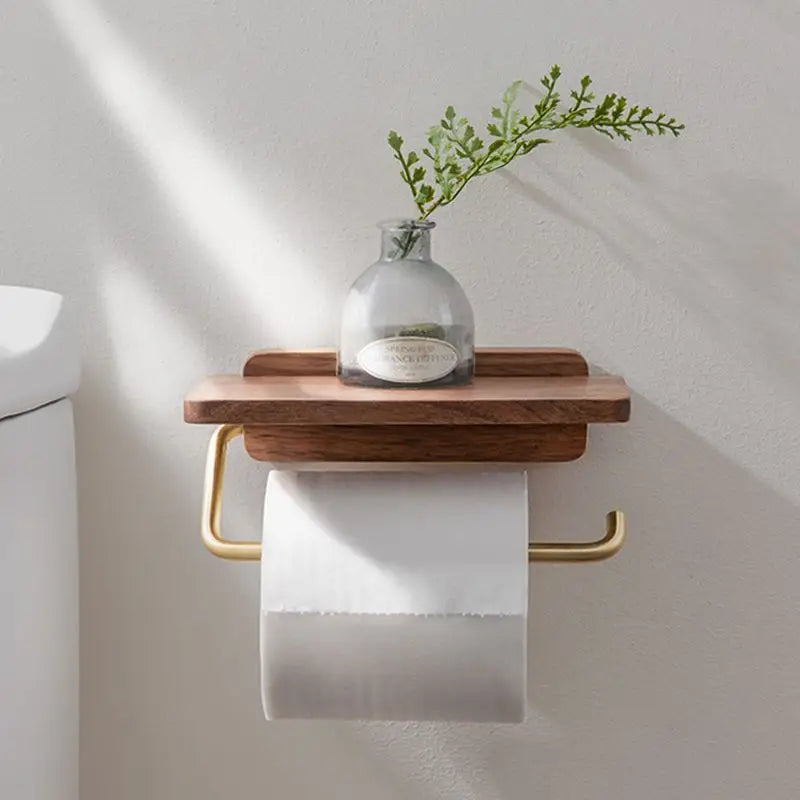Stylish Toilet Roll Holder with Wooden Shelf-villaayr.com