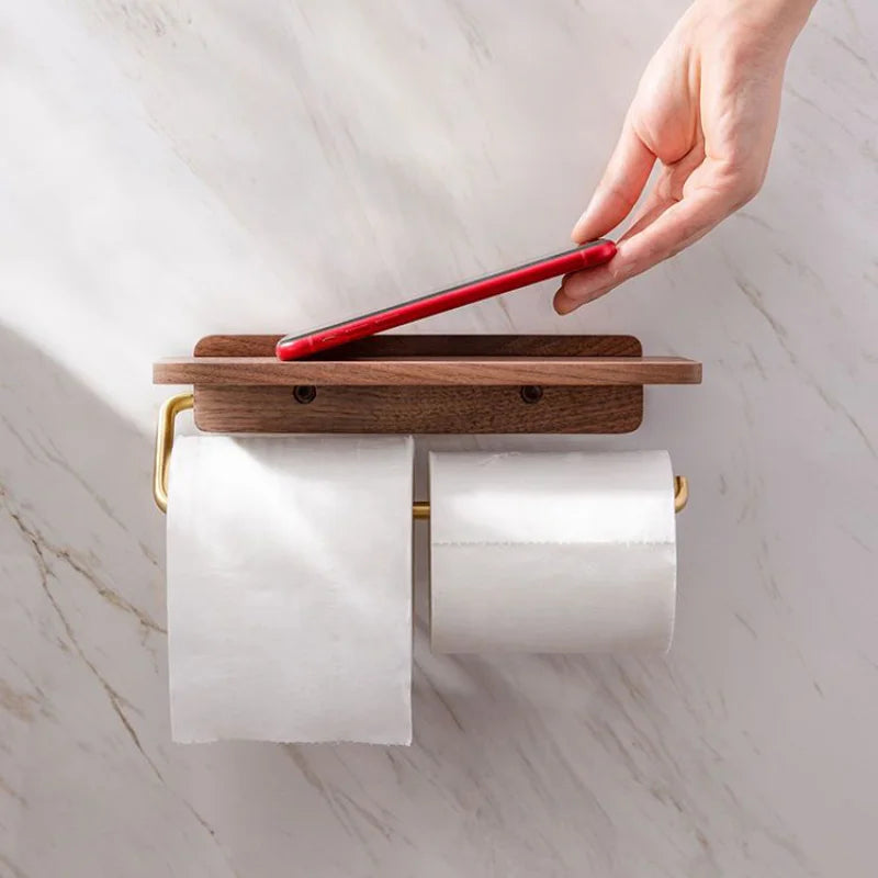 Stylish Toilet Roll Holder with Wooden Shelf-villaayr.com