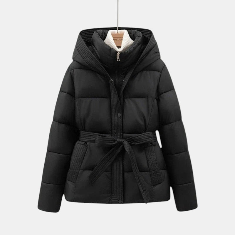 Women’s Belted Puffer Jacket with Hood-Villaayr