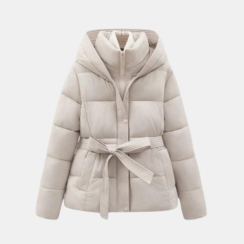 Women’s Belted Puffer Jacket with Hood-Villaayr