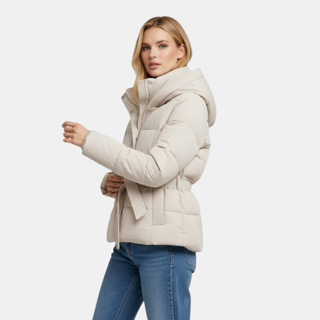 Women’s Belted Puffer Jacket with Hood-Villaayr