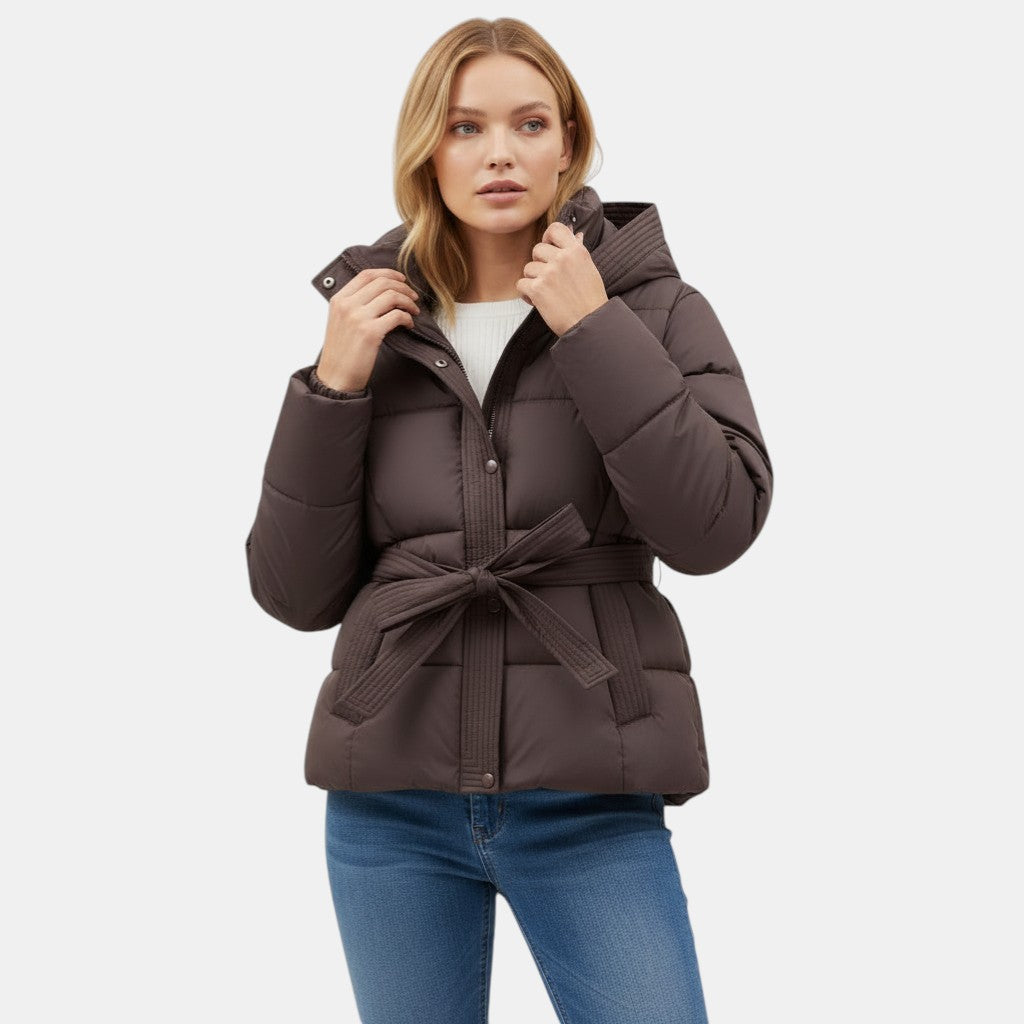 Women’s Belted Puffer Jacket with Hood-Villaayr
