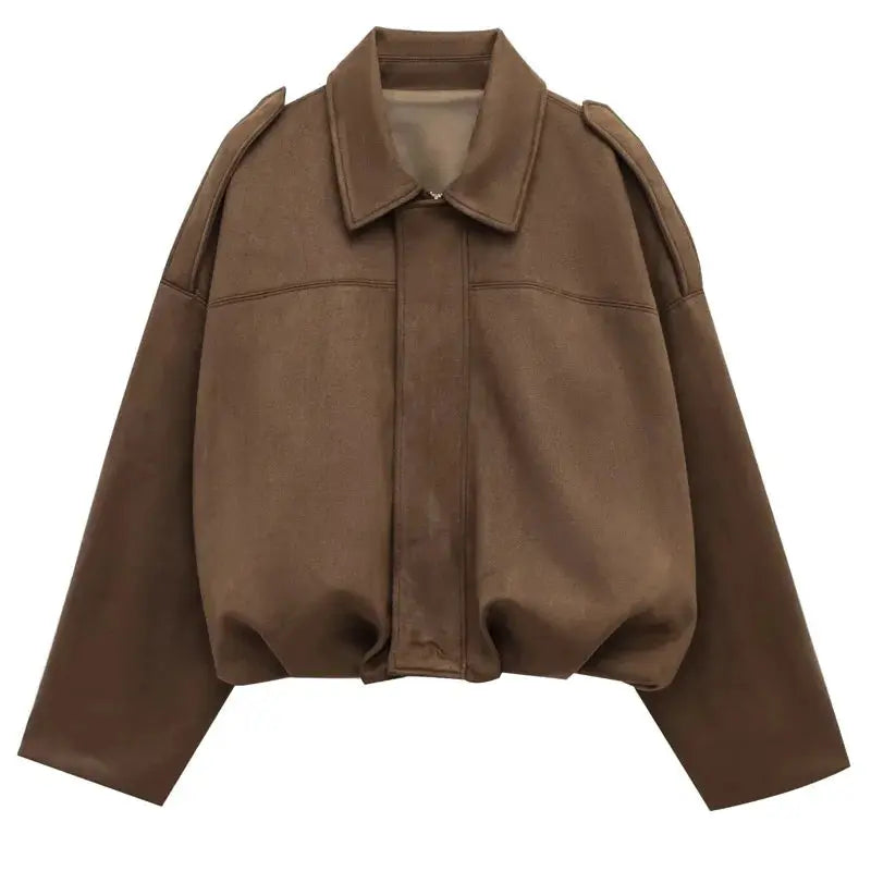Women’s Cropped Bomber Jacket with Lapel Collar Zip Up-Villaayr