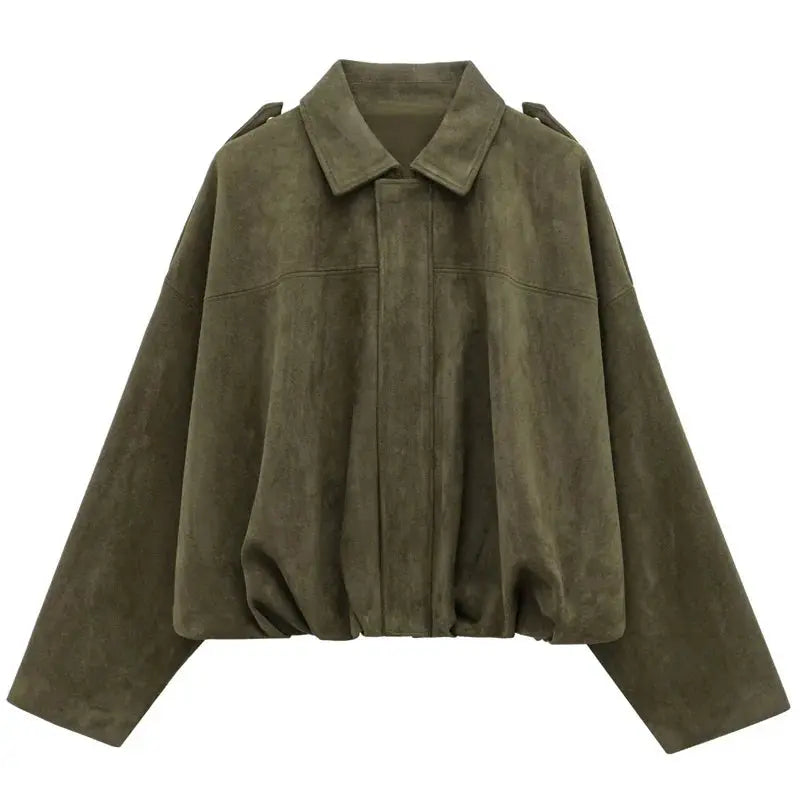 Women’s Cropped Bomber Jacket with Lapel Collar Zip Up-Villaayr