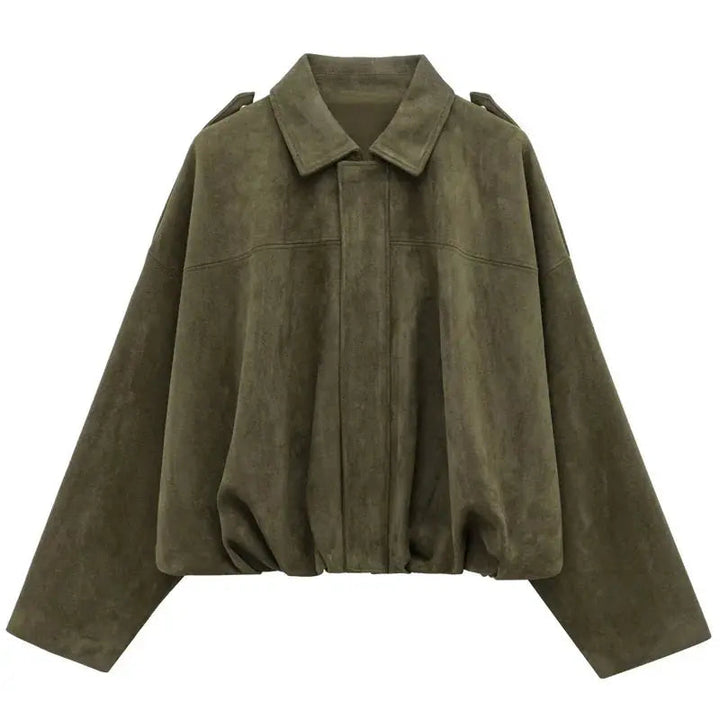 Women’s Cropped Bomber Jacket with Lapel Collar Zip Up-Villaayr