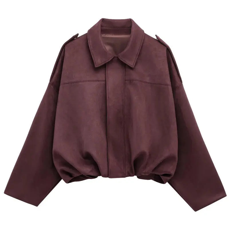 Women’s Cropped Bomber Jacket with Lapel Collar Zip Up-Villaayr