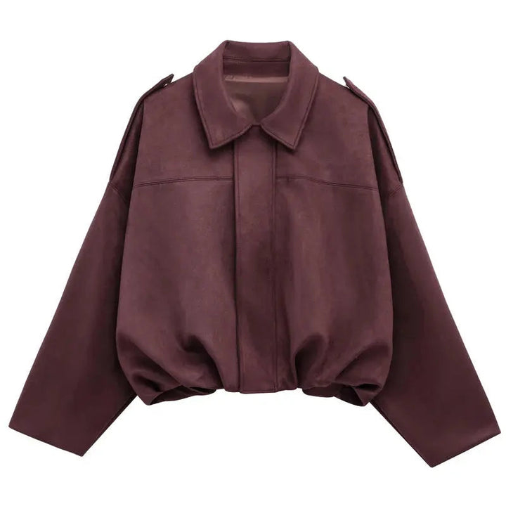 Women’s Cropped Bomber Jacket with Lapel Collar Zip Up-Villaayr