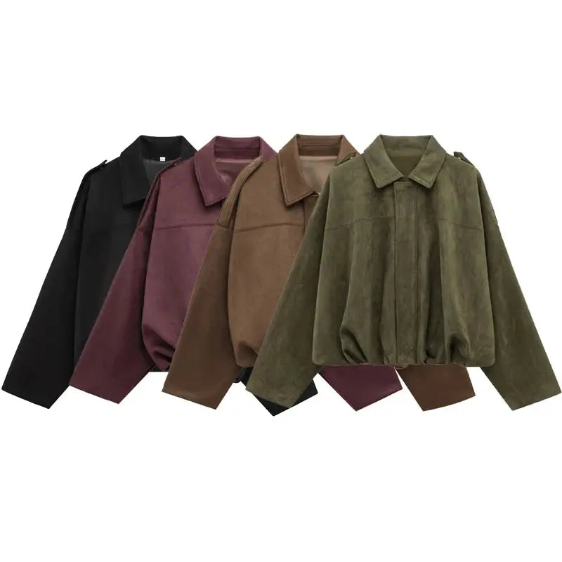 Women’s Cropped Bomber Jacket with Lapel Collar Zip Up-Villaayr
