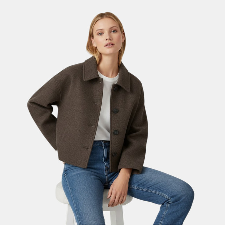 Women’s Cropped Button Front Jacket with Collared Neck-Villaayr