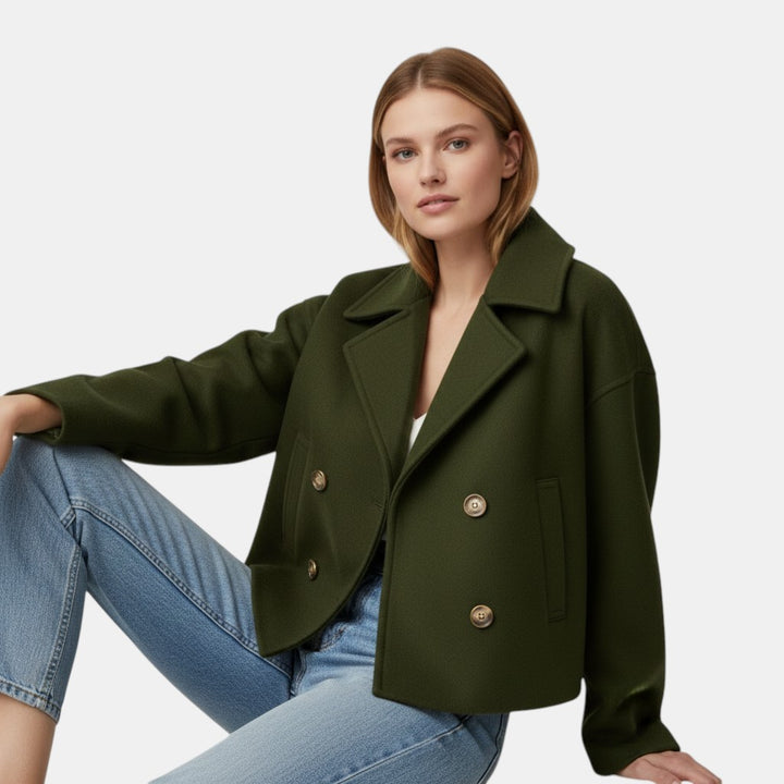 Women’s Cropped Double Breasted Peacoat with Button Closure-Villaayr