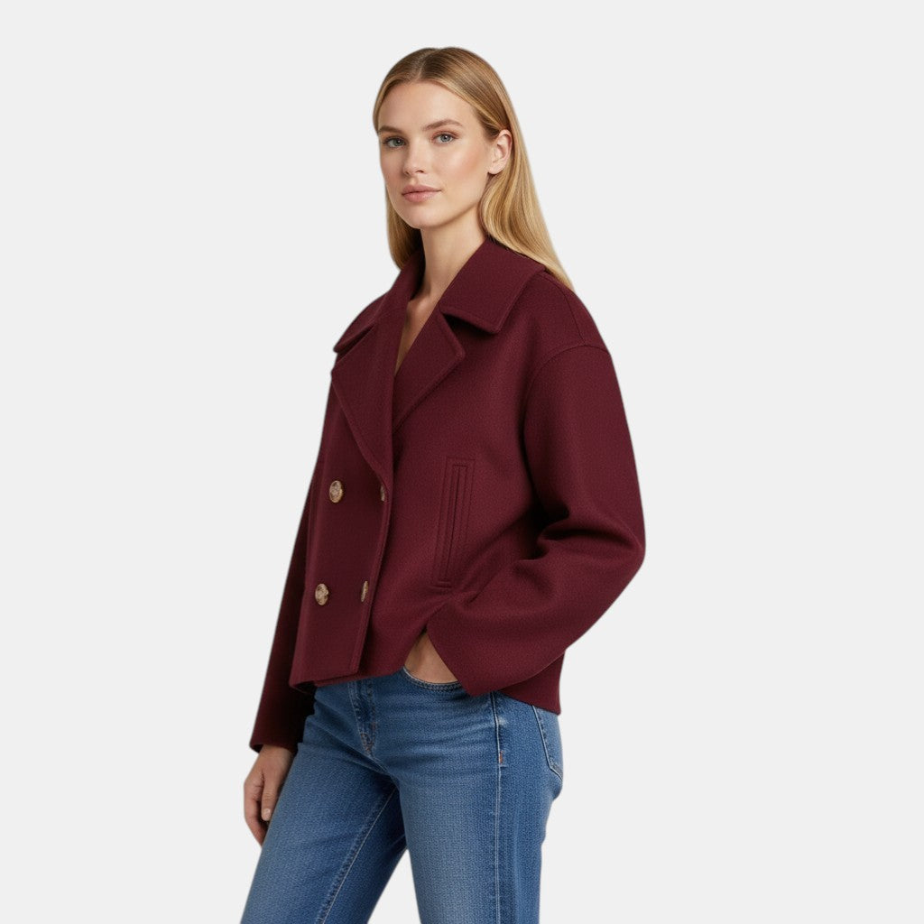 Women’s Cropped Double Breasted Peacoat with Button Closure-Villaayr