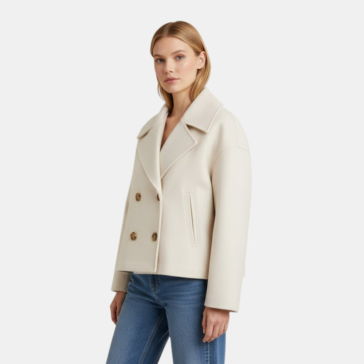 Women’s Cropped Double Breasted Peacoat with Button Closure-Villaayr