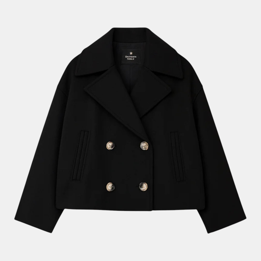 Women’s Cropped Double Breasted Peacoat with Button Closure-Villaayr