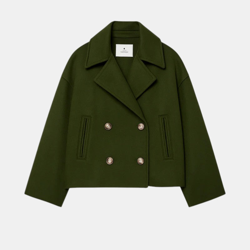 Women’s Cropped Double Breasted Peacoat with Button Closure-Villaayr