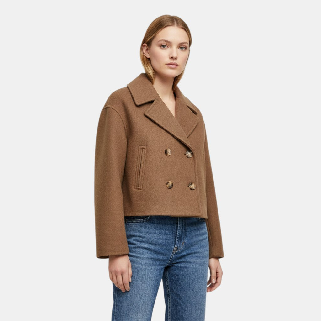 Women’s Cropped Double Breasted Peacoat with Button Closure-Villaayr